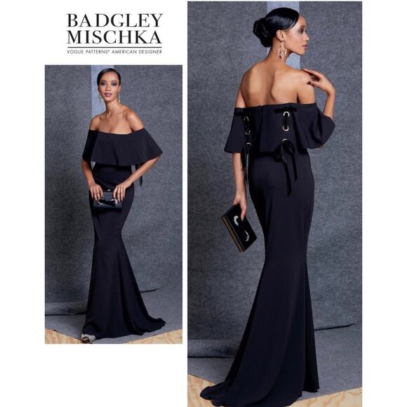 BADGLEY MISCHKA Off The Shoulder Grommet Crepe Evening Gown Black Size 4 - Picture 14 of 15